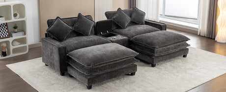 Modern Chenille Upholstered Sectional Sofa with Ottomans, USB Ports, Cup Holders, and Storage in Grey - sold by Home Elegance USA
