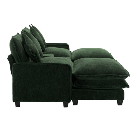 Chenille Upholstered 111' Sectional Sofa with Two Removable Ottomans, USB Ports, Cup Holders, and Storage, Green - sold by Home Elegance USA