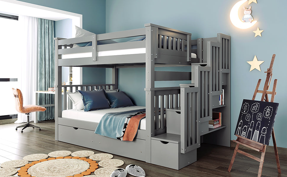 Full Over Full Bunk Bed with Shelves and 6 Storage Drawers, Gray(Old SKU:LT000046AAE) - sold by Home Elegance USA
