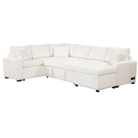 Cream Tweed Chenille Sectional Sofa with Pull-out Bed and Storage Ottoman, 112.2' for Living Room - sold by Home Elegance USA