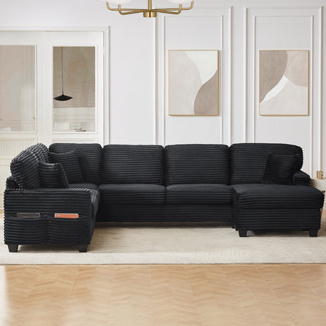 Upholstered U-shaped Sectional Sofa with Movable Ottoman and Side Storage Pockets in Black Corduroy, 125.2 inches - sold by Home Elegance USA