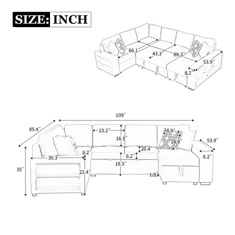 Modern Grey U-Shaped Sectional Sofa Bed with USB Ports, Storage Chaise & Pillows, Chenille Fabric, 109' - sold by Home Elegance USA
