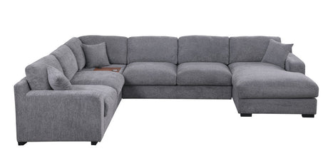 Chiara 128'W Light Gray Chenille Fabric Corner Sectional Sofa with Right-Facing Chaise, Cupholders, and Charging Ports - sold by Home Elegance USA