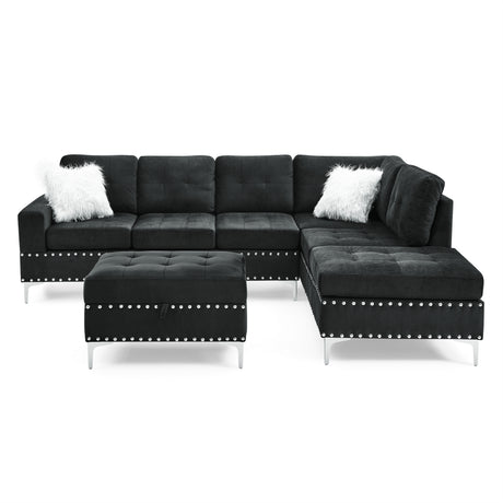 Sectional 3-Seaters Sofa with Reversible Chaise, Storage Ottoman and Cup Holders, Metal Legs and Copper Nails,Two White Villose Pillows ,Black(107.5' x 80.5' x36') - sold by Home Elegance USA