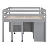 Full Size Loft Bed with Retractable Writing Desk and 4 Drawers, Wooden Loft Bed with Lateral Portable Desk and Shelves, Gray - Home Elegance USA
