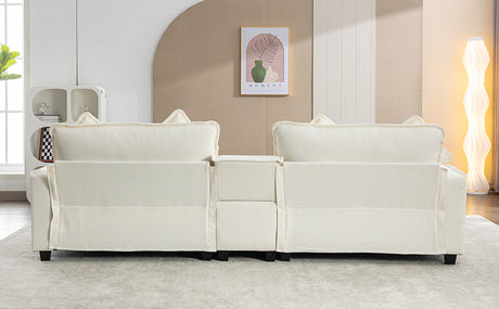 Chenille Upholstered Sectional Sofa with Removable Ottoman, USB Ports, Cup Holders, and Storage, Beige, 111' - sold by Home Elegance USA