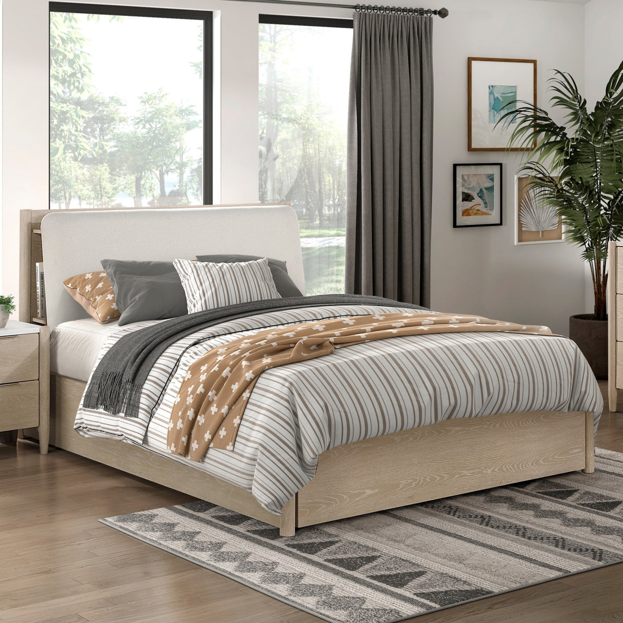 King Platform Bed Upholstered Headboard with USB Charging Ports Built-in Shelves Footboard Storage Bedroom Furniture 1pc