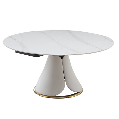 Fashion Modern Sintered Stone Dining Table with Multi-Functional Retractable Design and 6 Chairs, Beige+White