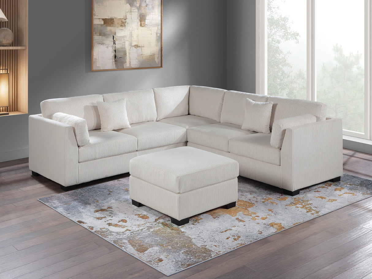 L-Sectional RAF/LAF One Arm-Loveseat Corner Wedge Cocktail Ottoman Beige Corduroy Upholstered Pillows 4pc Sectional Sofa Set