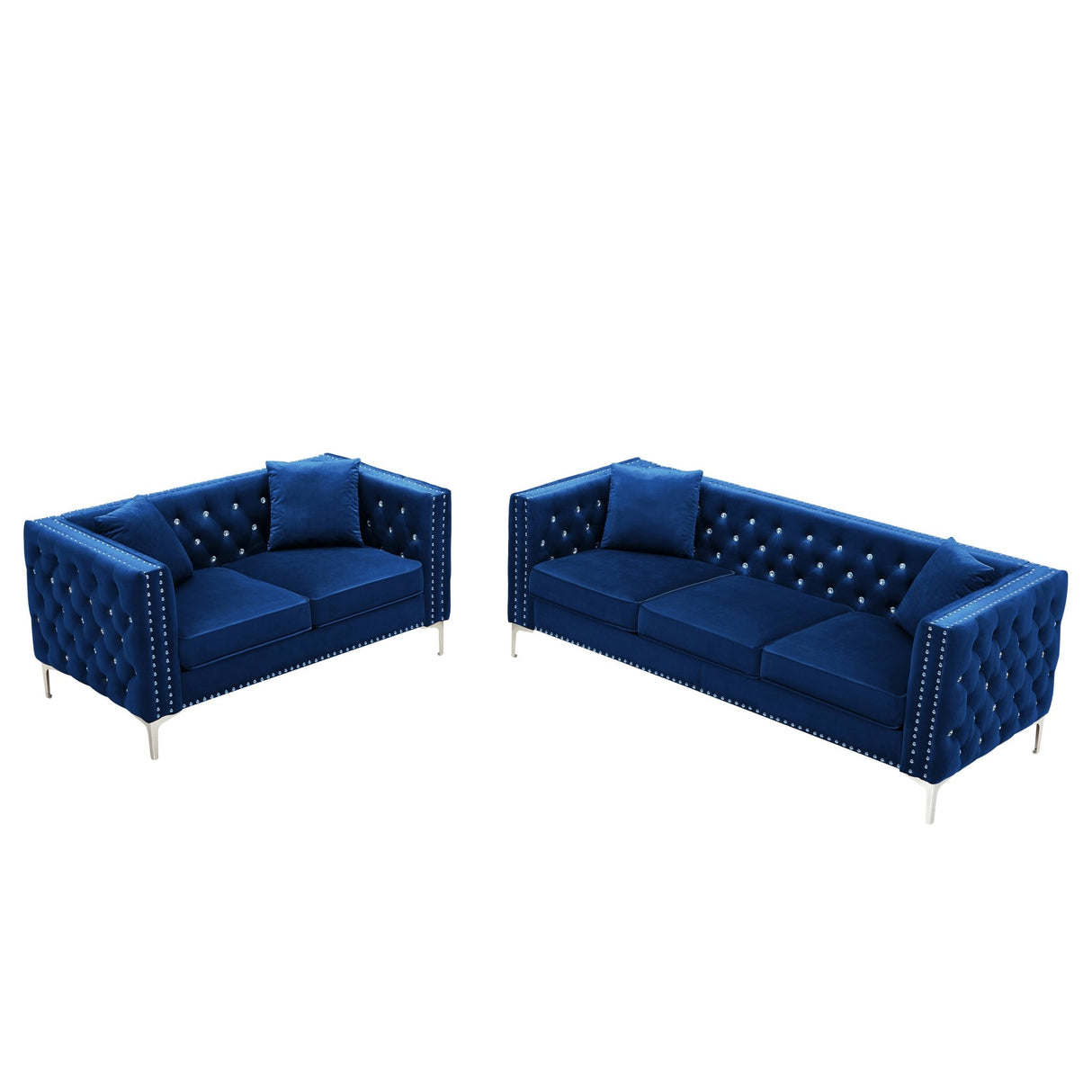 2 Piece Modern Velvet Living Room Set with Sofa and Loveseat,Jeweled Button Tufted Copper Nails Square Arms,4 Pillows Included,Blue | Home Elegance USA