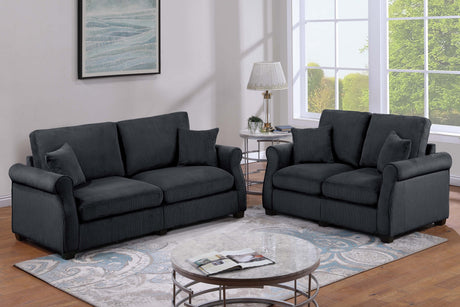 Black Finish Contemporary Style 2pc Sofa Set Luxurious Corduroy Upholstered Cushion Back Seat Wooden Legs Primary Living Room Matching Pillow Included