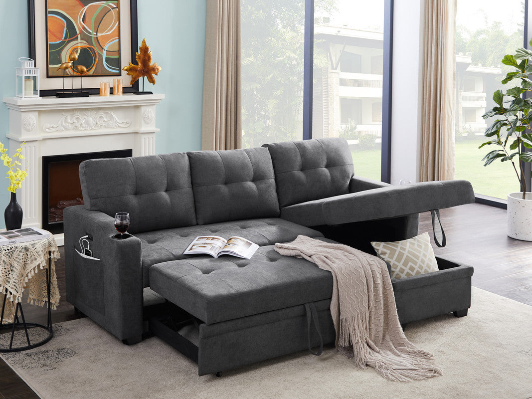 Mabel Dark Gray Woven Fabric Sleeper Sectional with cupholder, USB charging port and pocket - Home Elegance USA