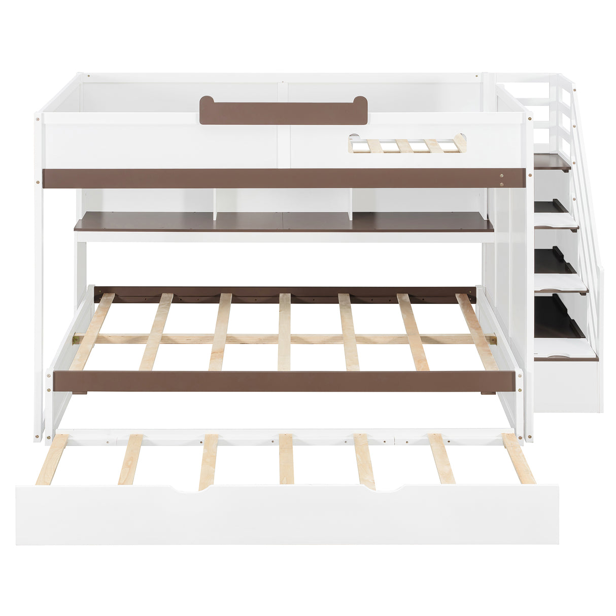 Full Over Full Bunk Bed with Twin Size Trundle and Staircase, Shelves, LED,White - sold by Home Elegance USA