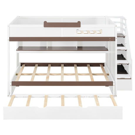 Full Over Full Bunk Bed with Twin Size Trundle and Staircase, Shelves, LED,White - sold by Home Elegance USA