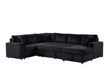 Ruxley 123'W Black Corduroy Sleeper Sectional Sofa with Right-Facing Storage Chaise and Throw Pillows - sold by Home Elegance USA