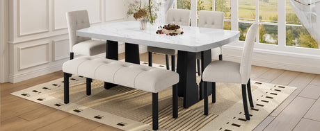 6 Piece Modern Dining Table Set, 63' Faux Marble Dining Table with Geometric Legs & 4 Upholstered Chairs & 1 Bench, Suitable for Dining Kitchen Room,Easy to Assemble, Beige + White - sold by Home Elegance USA