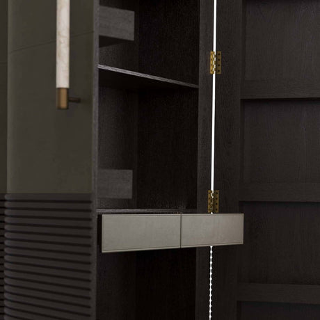 Sherbourne Cabinet – Graphite Leather, Ebony Oak, White Marble, Antique Brass | Arteriors
