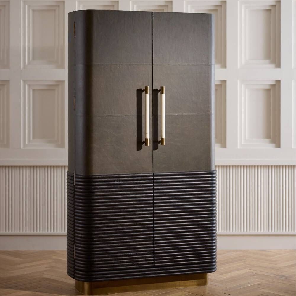 Sherbourne Cabinet – Graphite Leather, Ebony Oak, White Marble, Antique Brass | Arteriors