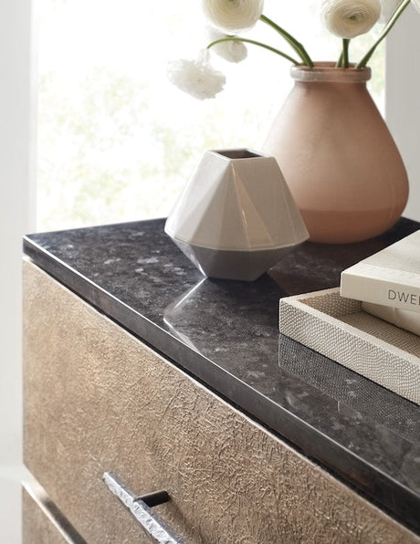 Hooker Furniture Melange Stacked Chest – Black Marble Top, Taupe Drawer Fronts, Custom Bar Pulls - sold by Home Elegance USA