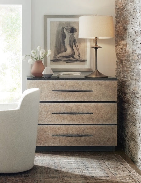 Hooker Furniture Melange Stacked Chest – Black Marble Top, Taupe Drawer Fronts, Custom Bar Pulls - sold by Home Elegance USA