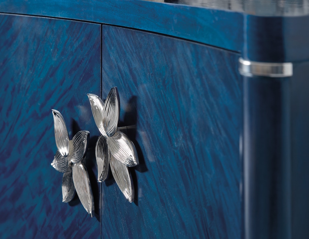 Hooker Furniture Melange Sapphire Accent Chest – Sapphire Blue Finish, Acrylic Legs, Silver Floral Hardware - Home Elegance USA