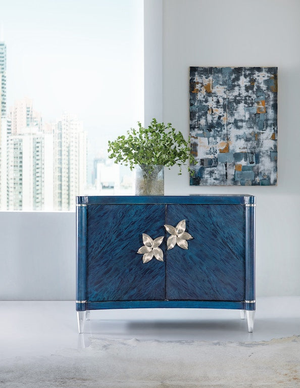 Hooker Furniture Melange Sapphire Accent Chest – Sapphire Blue Finish, Acrylic Legs, Silver Floral Hardware - Home Elegance USA