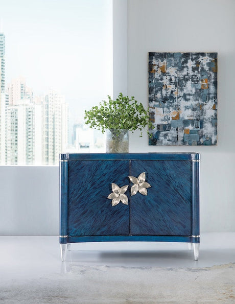 Hooker Furniture Melange Sapphire Accent Chest – Sapphire Blue Finish, Acrylic Legs, Silver Floral Hardware - sold by Home Elegance USA