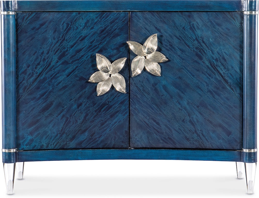 Hooker Furniture Melange Sapphire Accent Chest – Sapphire Blue Finish, Acrylic Legs, Silver Floral Hardware - Home Elegance USA