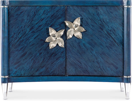 Hooker Furniture Melange Sapphire Accent Chest – Sapphire Blue Finish, Acrylic Legs, Silver Floral Hardware - sold by Home Elegance USA