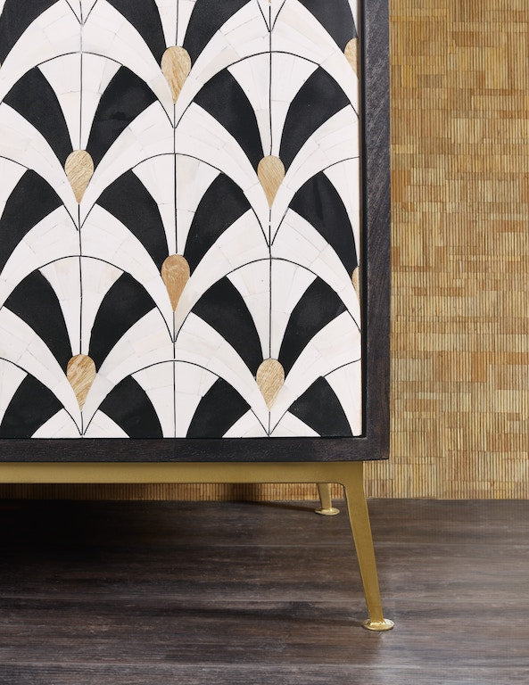 Hooker Furniture Melange Renee Credenza – Mango Wood with Bone Inlay, Gold Metal Base, Transitional Style - Home Elegance USA