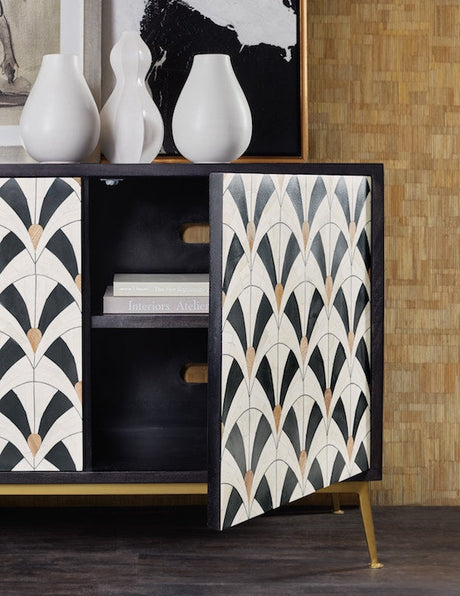 Hooker Furniture Melange Renee Credenza – Mango Wood with Bone Inlay, Gold Metal Base, Transitional Style - sold by Home Elegance USA