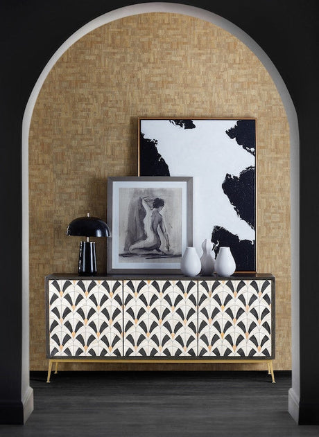 Hooker Furniture Melange Renee Credenza – Mango Wood with Bone Inlay, Gold Metal Base, Transitional Style - sold by Home Elegance USA