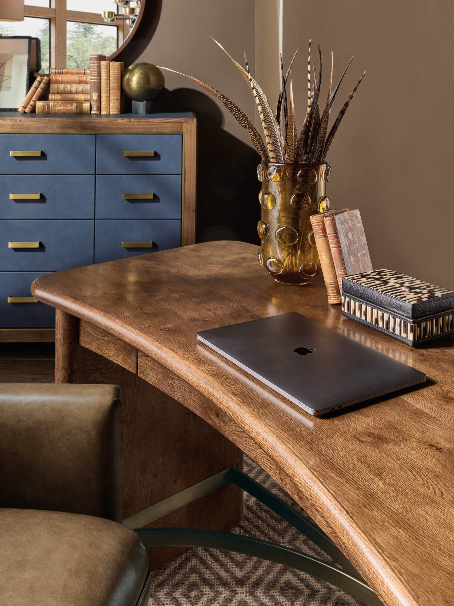 Melange Geneva Accent Drawer Chest by Hooker Furniture in Navy Leather & Walnut