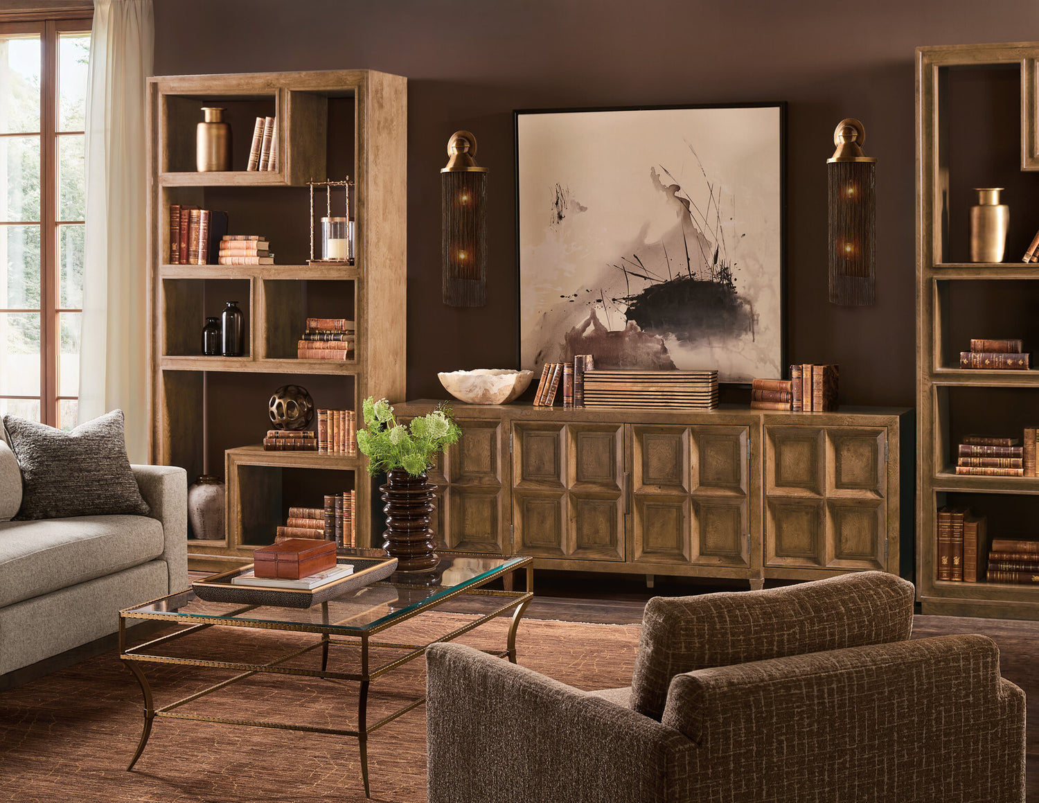 Melange Nikos Credenza by Hooker Furniture in Oak Veneers & Bronze Bar Hardware