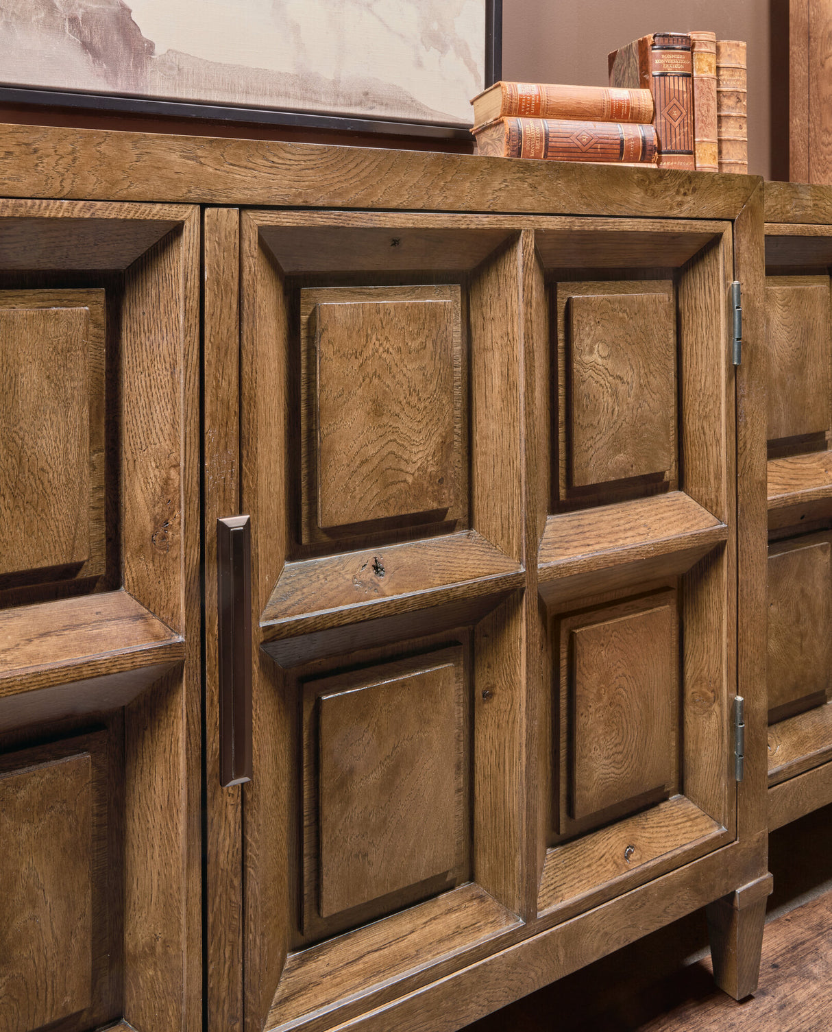 Melange Nikos Credenza by Hooker Furniture in Oak Veneers & Bronze Bar Hardware