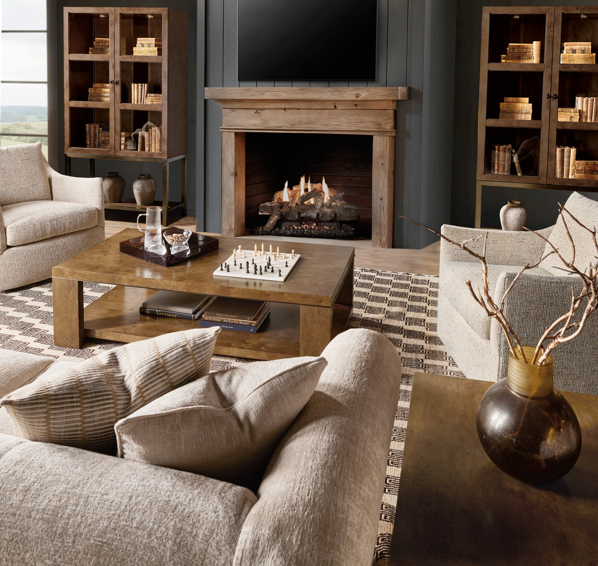 Mulholland Display Cabinet | Hooker Furniture | LED Lighted Curio | Oak Veneer | Bronze Base - sold by Home Elegance USA