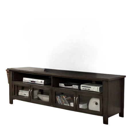 Transitional Style TV Console Base With Dual Cabinet And Two Open Shelves 3mm Tempered Glass On Cabinet Doors Rear Wearing Access Gray Finish - sold by Home Elegance USA