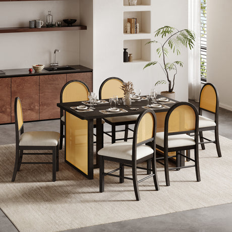 TREXM 7-Piece Farmhouse Dining Table Set for 6 - 59.8' Rectangular Dining Table with Distressed Oak Veneer and 6 Rattan Chairs, Rustic Kitchen Furniture for Dining Room(Espresso) - sold by Home Elegance USA
