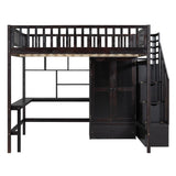 Full size Loft Bed with Bookshelf,Drawers,Desk,and Wardrobe-Espresso - Home Elegance USA