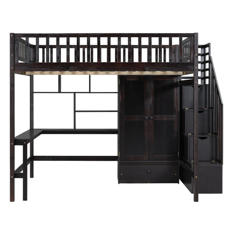 Full size Loft Bed with Bookshelf,Drawers,Desk,and Wardrobe-Espresso - Home Elegance USA