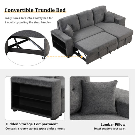 Reversible Sleeper Sectional Sofa Bed with Side Shelf and 2 Stools, Pull-Out L-Shaped Sofa Bed, Velvet Blue Black - sold by Home Elegance USA