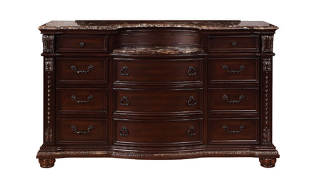 1pc Marble Top 11 Drawers Dresser Intricate Moldings Beautifully Curved Silhouette Brown Dark Cherry Finish Bedroom Solid Wood Furniture