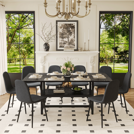 Table and chair set.71*35.4 inch Black Grain Spliced Dining Table With Storage Function In The Middle Of The Table Legs.Paired with 8 Black Linen-Cotton Material High Resilience Dining Chair. - sold by Home Elegance USA