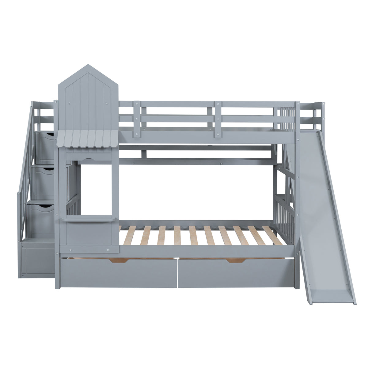 Full-Over-Full Castle Style Bunk Bed with 2 Drawers 3 Shelves and Slide - Gray - Home Elegance USA