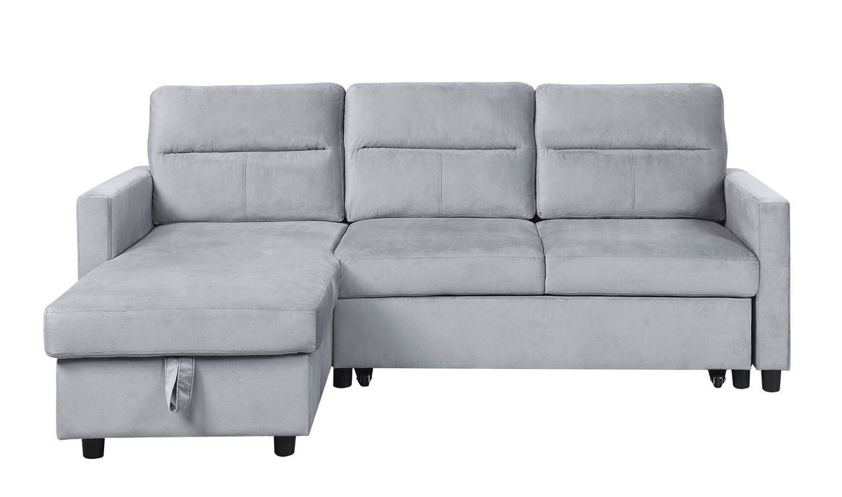 Ruby Light Gray Velvet Reversible Sleeper Sectional Sofa with Storage Chaise and Side Pocket - Home Elegance USA