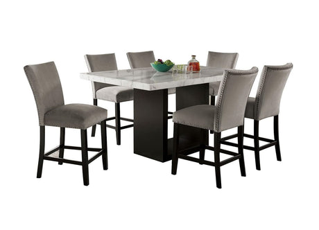 Genuine Marble Top Table w 6x High Chairs Light Gray Flannelette Upholstered Chair Counter Height Dining Room 7pc Set Furniture - sold by Home Elegance USA