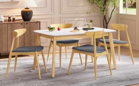 5-Piece Dining Set, 1 Table + 4 Chairs, Rubberwood Frame, Ergonomic Chairs & Faux Wood Table, Natural+Grey+White Oak - sold by Home Elegance USA