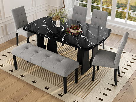 6 Piece Modern Dining Table Set, 63' Faux Marble Dining Table with Geometric Legs & 4 Upholstered Chairs & 1 Bench, Suitable for Dining Kitchen Room,Easy to Assemble, Black + Gray - sold by Home Elegance USA