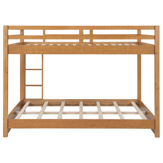 Wood Queen Size Bunk Bed with Ladder in Wood Color, Solid Pine Wood+MDF, 85.4''L x 64.2''W x 63''H