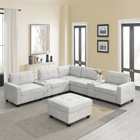 Chenille U Shaped Sectional Sofa with Acrylic Table Top, USB Charger, Storage Drawers, Pockets and Movable Ottoman - sold by Home Elegance USA